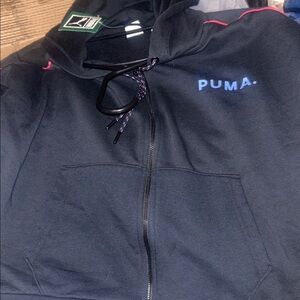 PUMA Black Hoodie with Blue Logo and Pink Trim